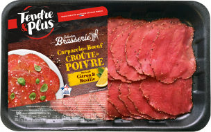 Carpaccio de bœuf croûte de poivre, huile d'olive citron basilic